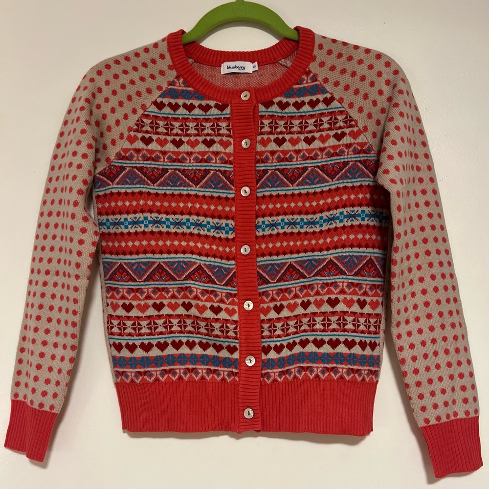 Blueberry Pet Fair Isle Cardigan Sweater Red Heart Geo Knit XS Novelty Festive